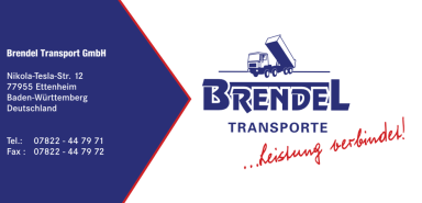 Logo der Brendel Transport GmbH mit Kontaktdaten und dem Slogan „...Leistung verbindet!“